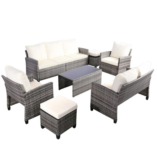 7-Pieces Patio Furniture Set Gray Wicker Outdoor Couch w/ Love-Seat,Ottomans,Rectangular Coffee table and Beige Cushions