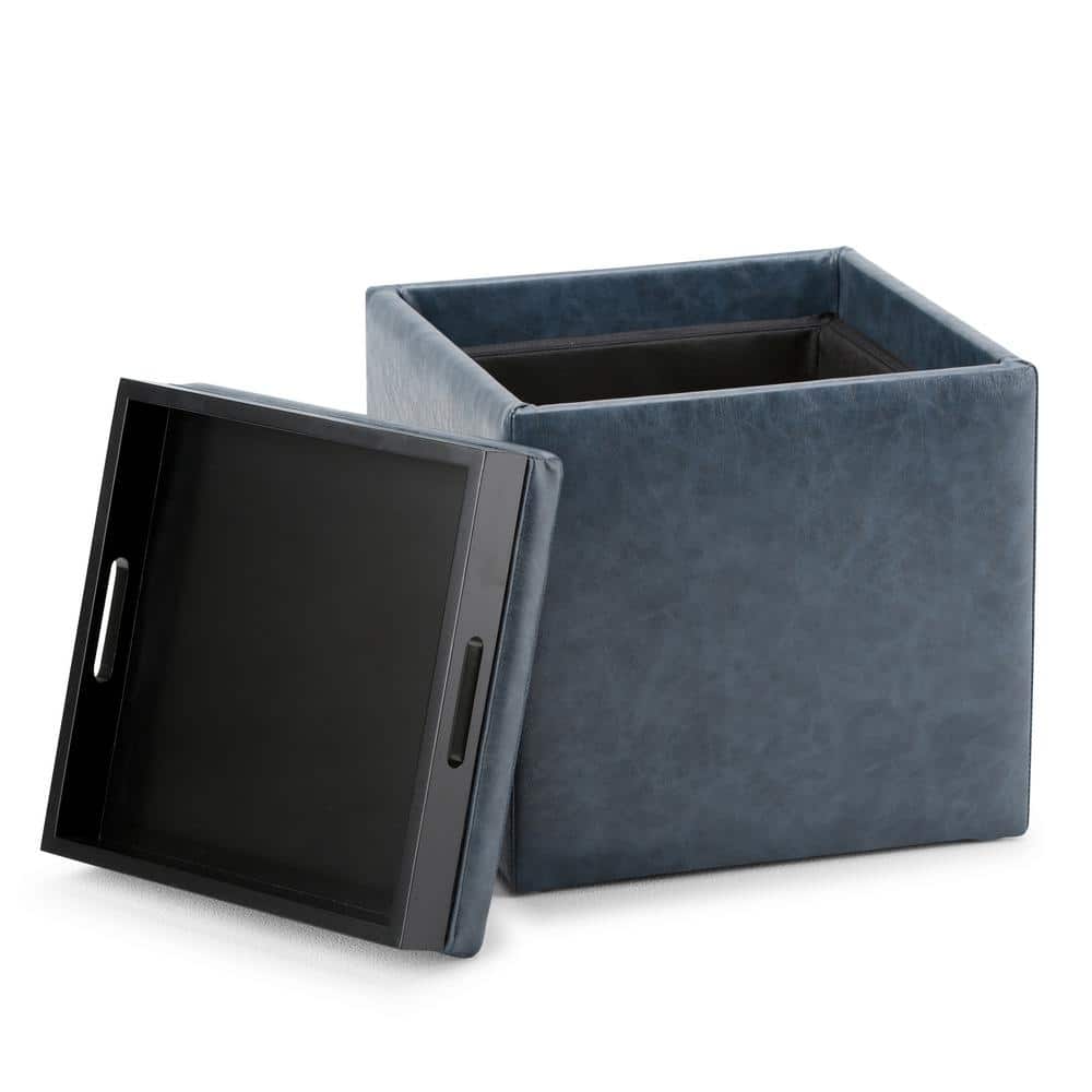 Denim Blue Faux Leather Square Storage Ottoman with Flip-Over Tray