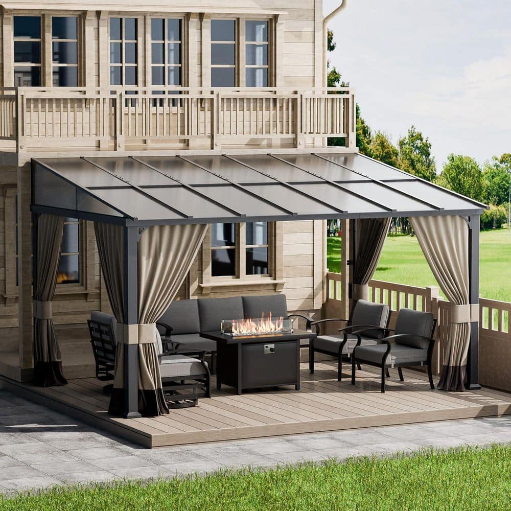 10 ft. x 14 ft. Gray Hardtop Sloping Pitched Roof Wall-Mounted Gazebo With Curtain And Netting, Sand price history on PriceWatchPro