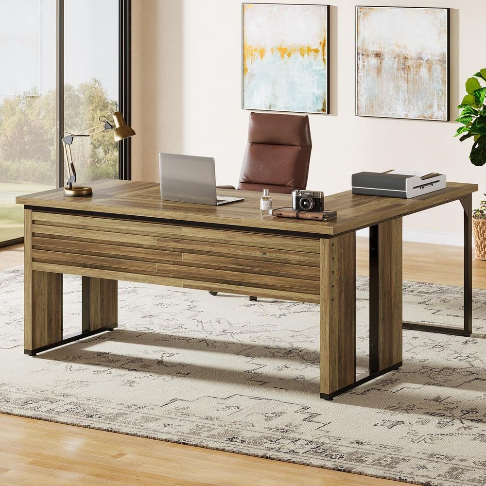 63 in. L-Shaped Oak Brown Engineered Wood Executive Desk, Corner Work Table Computer Workstations -  BYBLIGHT, BB-F2167GX