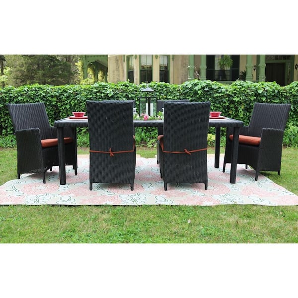 AE Outdoor Denali 7-Piece All-Weather Wicker Patio Dining Set with Sunbrella Red Cushions