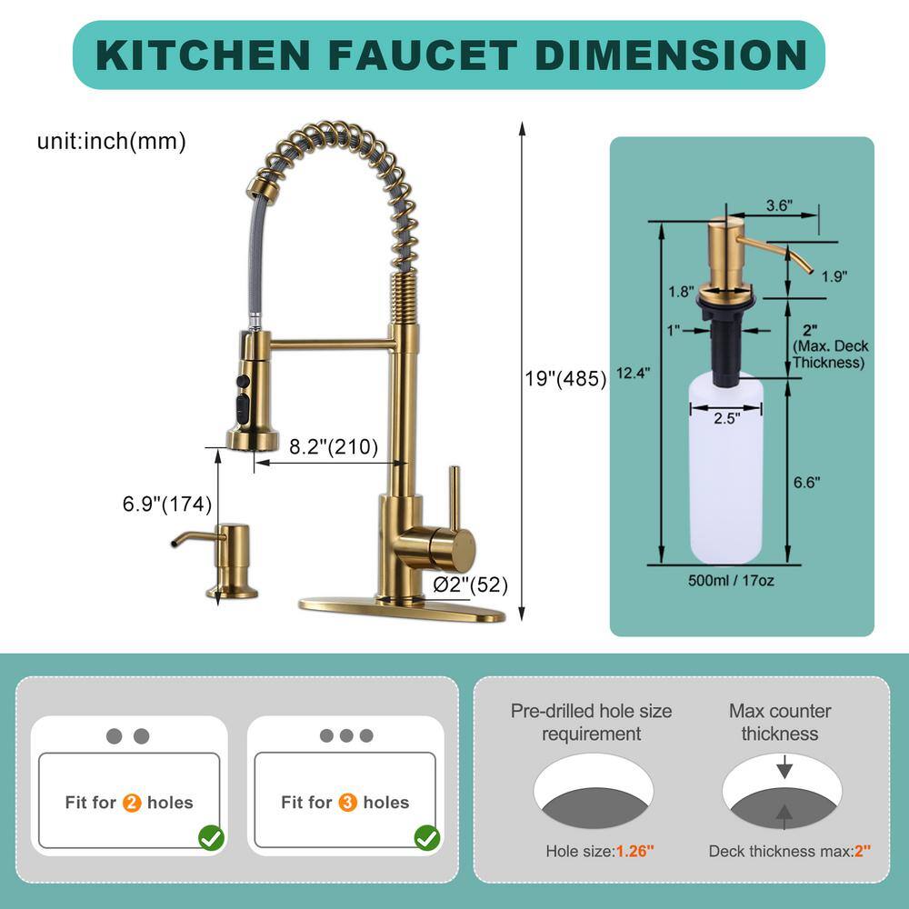 Brushed Gold Stainless Steel Pull Down Kitchen Faucet with Soap Dispenser