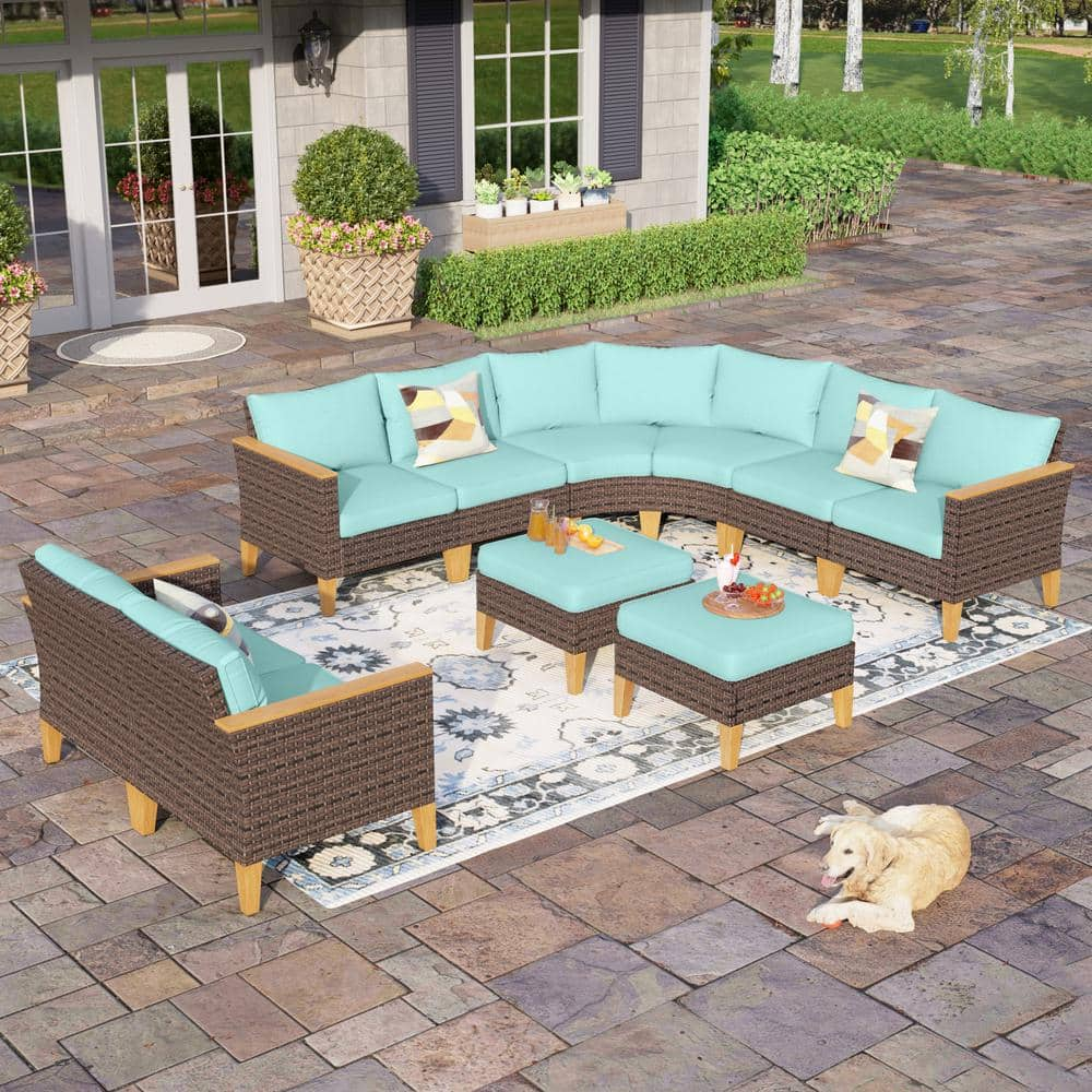 Brown Rattan Wicker 10 Seat 10-Piece Steel Patio Outdoor Sectional Set with Blue Cushions -  PHI VILLA, DS10BU05040203