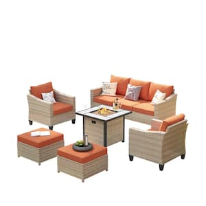 Oconee Beige 6-Piece Outdoor Patio Fire Pit Conversation Sofa Seating Set with Orange Red Cushions