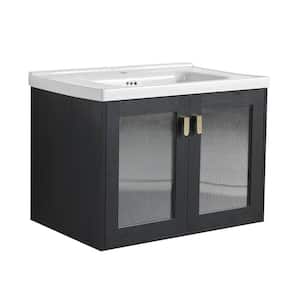 28 in. W x 18.5 in. D x 20.7 in. H Single Sink Floating Bath Vanity in Black with White Ceramic Top and Gold Handle