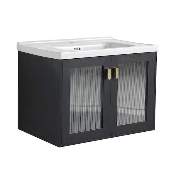 FAMYYT 28 in. W x 18.5 in. D x 20.7 in. H Single Sink Floating Bath Vanity in Black with White Ceramic Top and Gold Handle