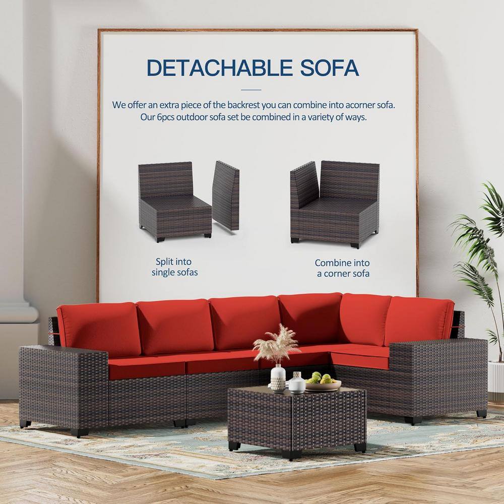 5-Person Brown Steel Frame Red Cushioned Wicker Outdoor Sectional Set