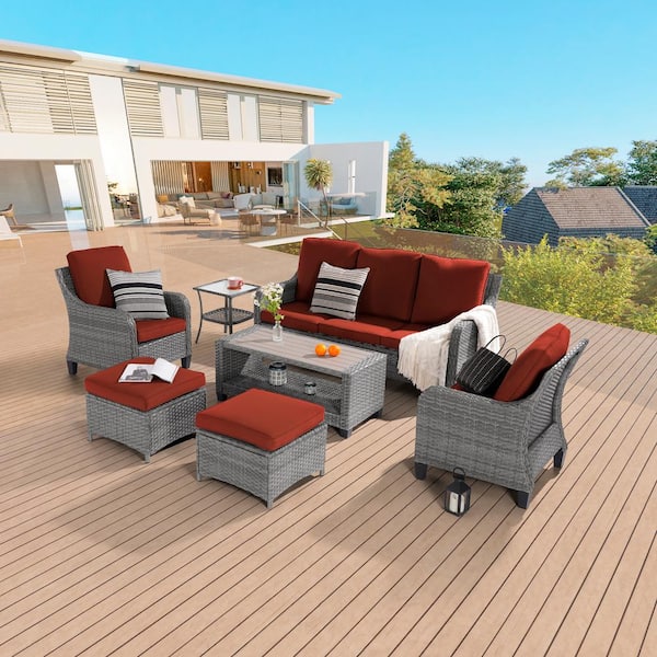 Sonkuki 6-Piece Patio Conversation Sofa Set Gray Wicker with Coffee Table and Thickening Cushions, Rust Red