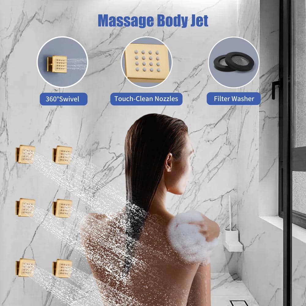 Brushed Gold Dual Square Wall Mounted Shower System with Body Jets