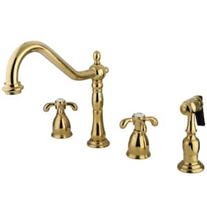 French Country 2-Handle Standard Kitchen Faucet with Side Sprayer in Polished Brass