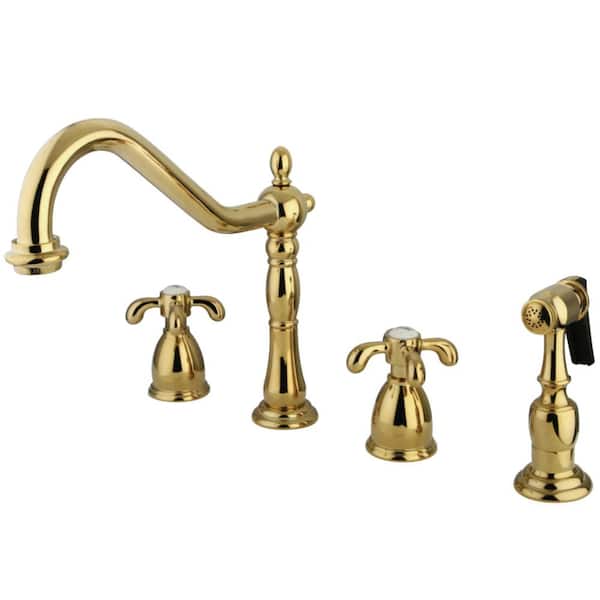 Kingston Brass French Country 2-Handle Standard Kitchen Faucet with Side Sprayer in Polished Brass