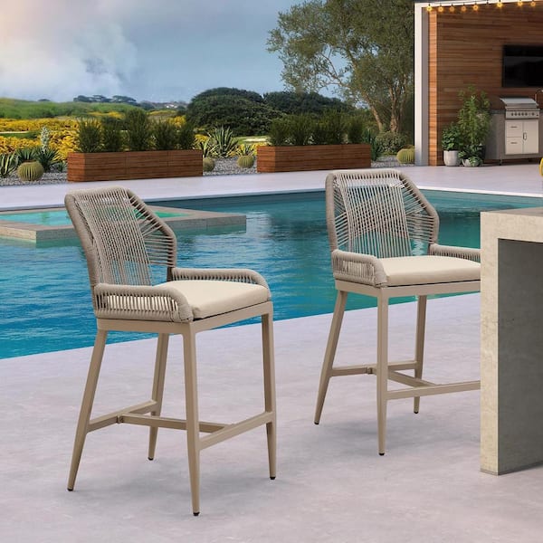 PURPLE LEAF Modern Aluminum Twill Wicker Woven Bar Height Outdoor Bar Stool with Back and Sunbrella Khaki Cushion (2-Pack)