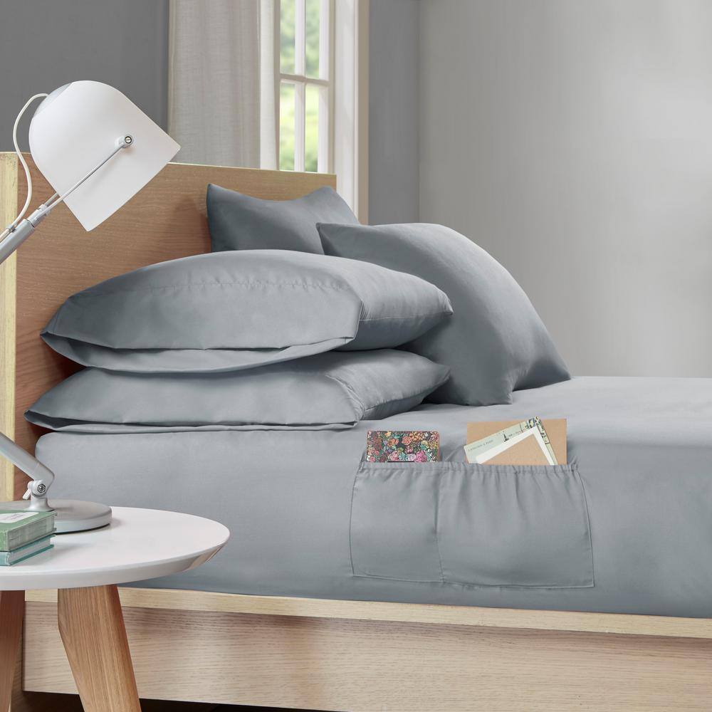 Twin Gray Microfiber Sheet Set with Side Storage Pockets