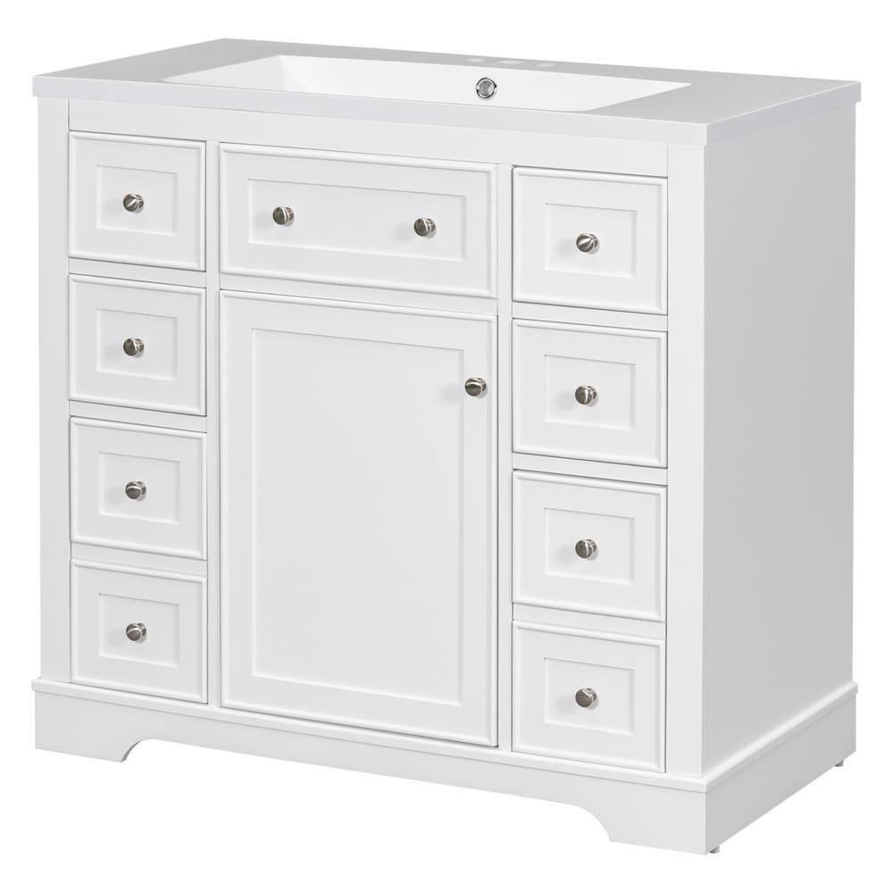 White MDF Bathroom Vanity with Ceramic Sink and Six Drawers