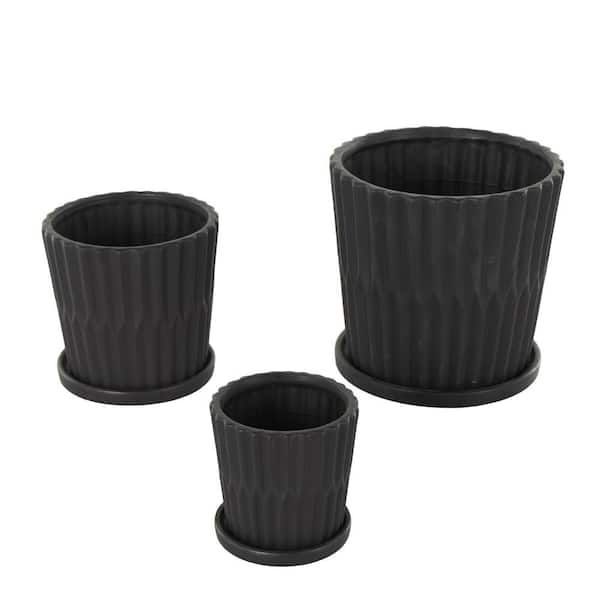 8 in. 6 in. and 5 in. Small Black Ceramic Ribbed Planter with Attached Saucer (3- Pack)