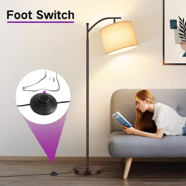 63 in. 3 Color Temperatures Brown Adjustable Arched/Arc Floor Lamp with White Linen Texture Shade
