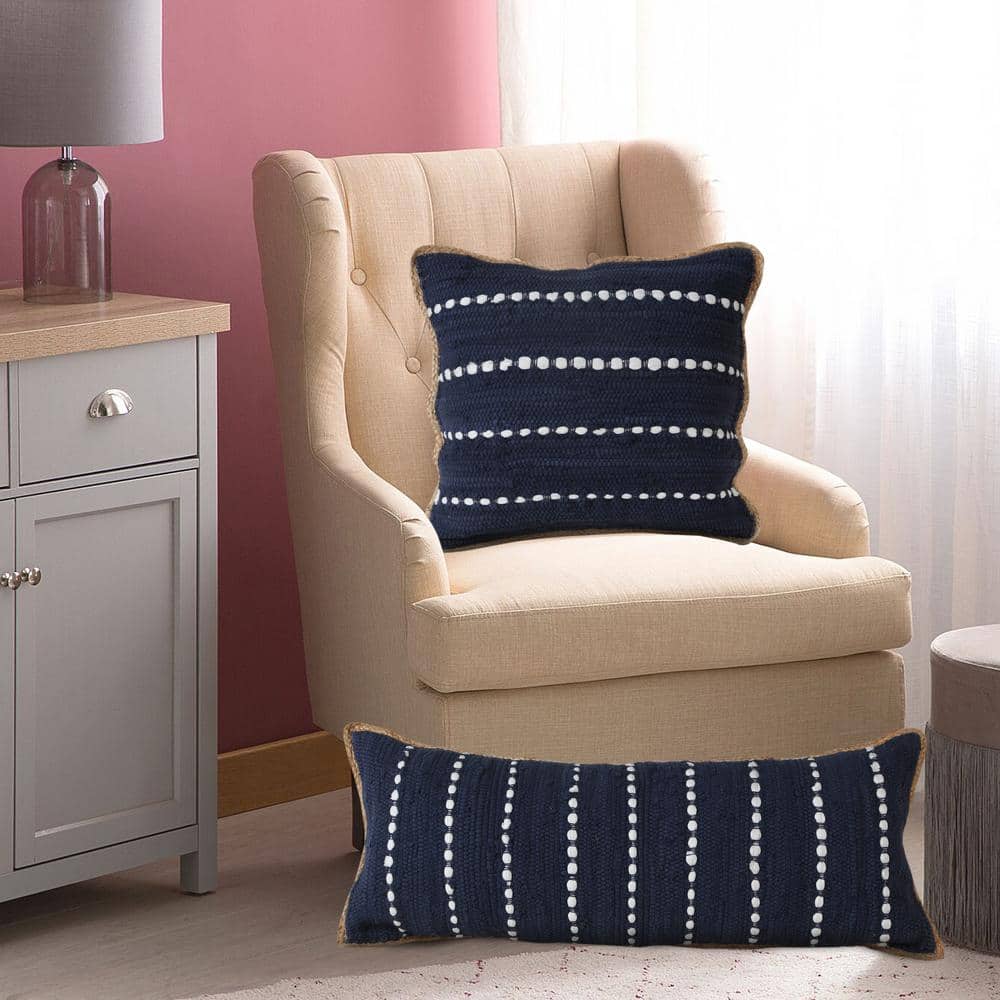 Navy and White Striped Cotton Jute Square Throw Pillow