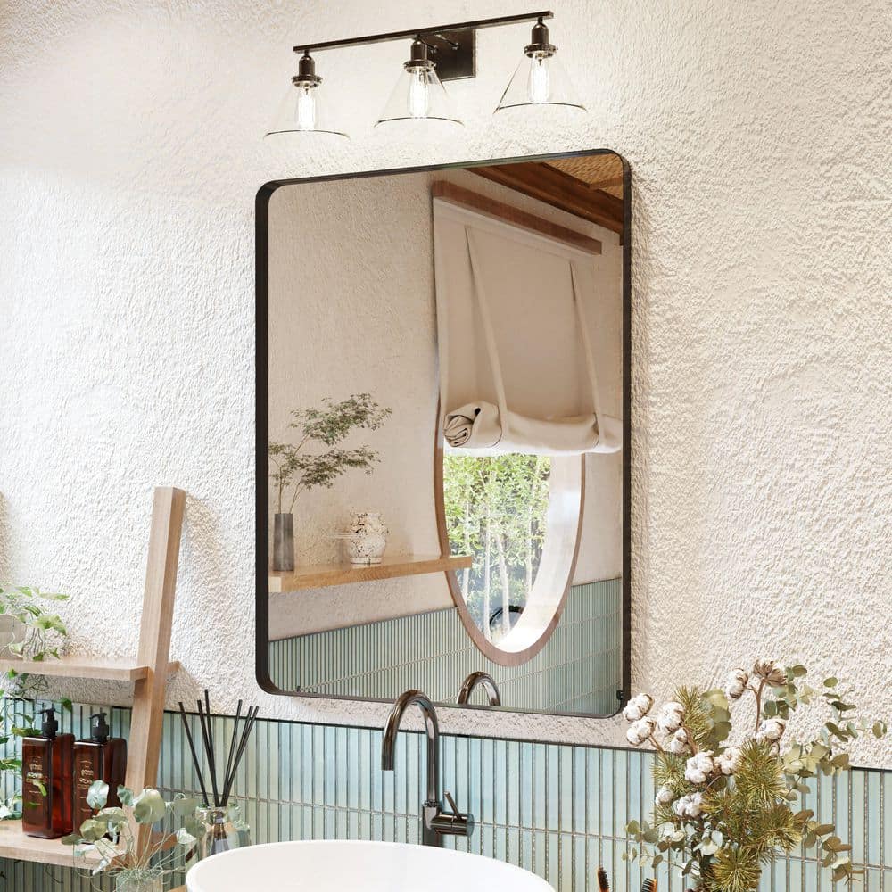 32 in. W x 24 in. H Rectangular Rounded corner Aluminum Framed Wall Mounted Bathroom Vanity Mirror in Black price history on PriceWatchPro