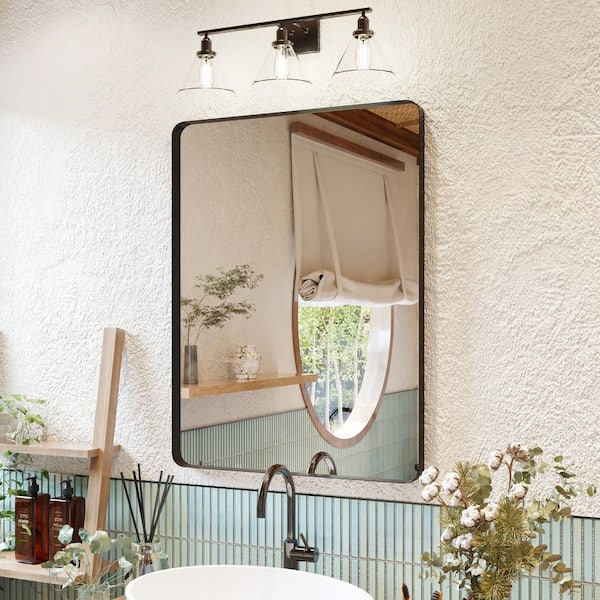 32 in. W x 24 in. H Rectangular Rounded corner Aluminum Framed Wall Mounted Bathroom Vanity Mirror in Black