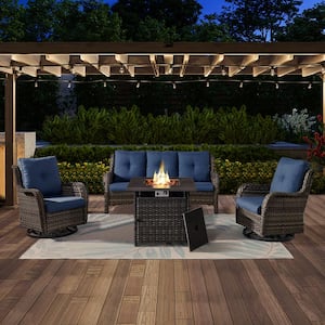 ArcoBay 4-Piece Gray Wicker Patio Square Fire Pit Conversation Set with Navy Blue Cushions and Swivel Rocking Chairs