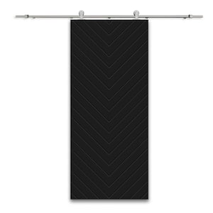 Herringbone 42 in. x 84 in. Black Stained MDF Modern Fully Assembled Sliding Barn Door with Hardware Kit