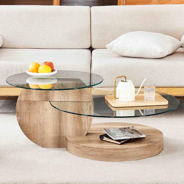 Polibi 42 in. Natural Wood Round MDF Coffee Table with 2-Layer Shelf