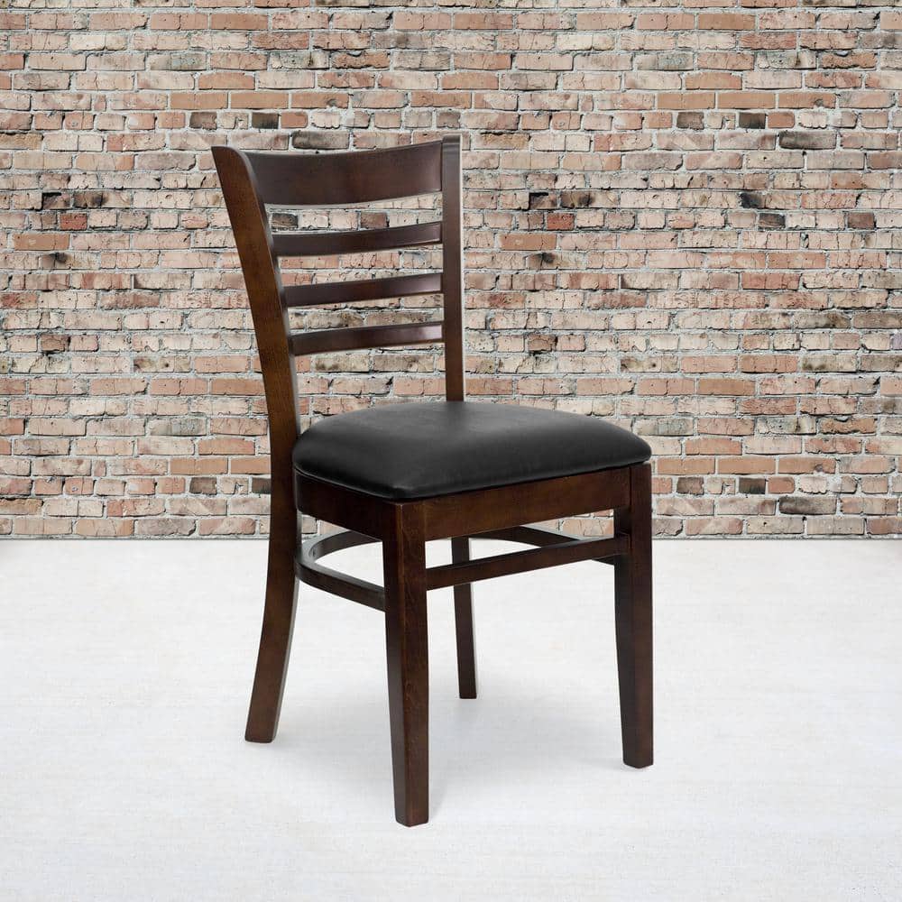 Walnut Wood and Black Vinyl Ladderback Side Chair