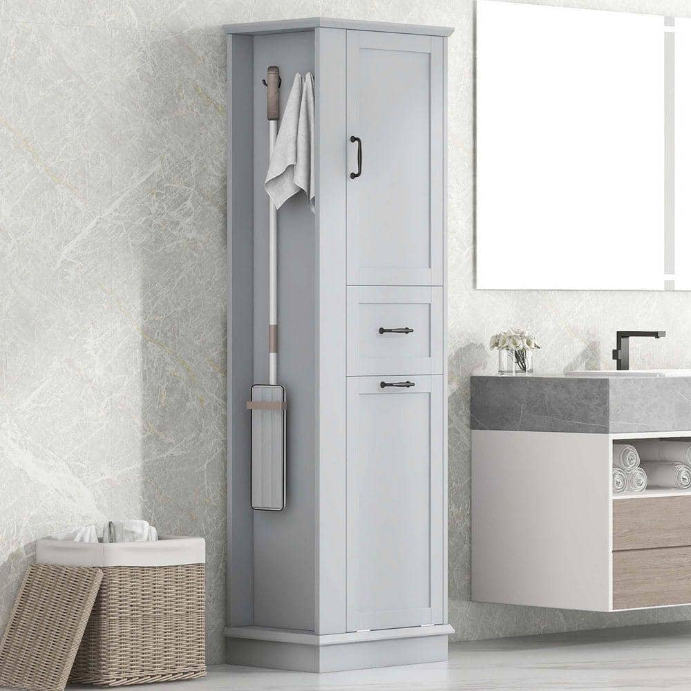 てむ XUJMK 20 in. W x 14 in. D x 64 in. H Gray Linen Cabinet, Tall