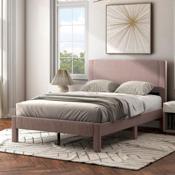 Furniture of America Roco Pink Wood Upholstered Velvet Frame Full Platform Bed With Slat Kit