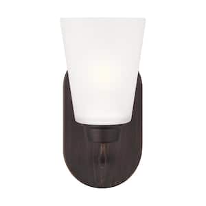 Kerrville 4.625 in. 1-Light Bronze Traditional Transitional Wall Sconce Vanity Light with Satin Etched Glass Shade