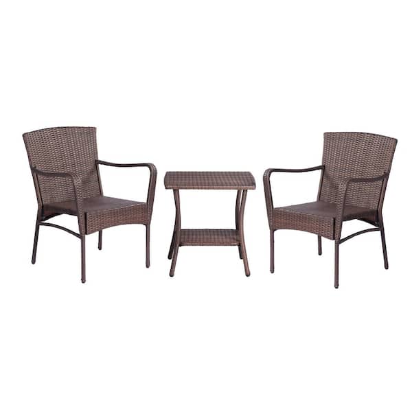 Zeus & Ruta Multi-Brown 3-Piece PE Rattan Wicker Patio Conversation Set with Side Table for Backyard, Porch and Balcony