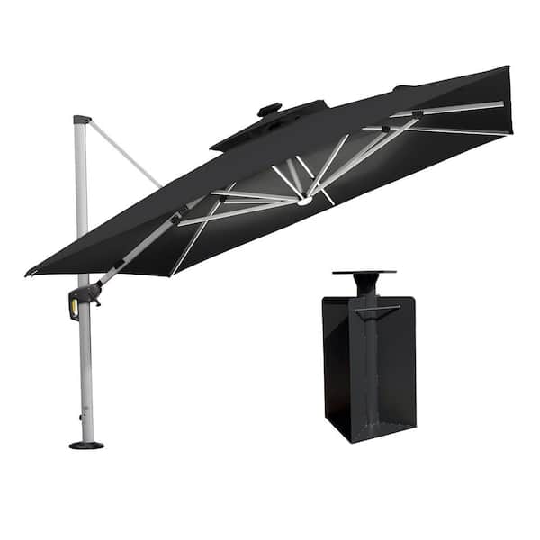 PURPLE LEAF 11 ft. Square Aluminum Solar Powered LED Patio Cantilever Offset Umbrella with Base in Ground, Black