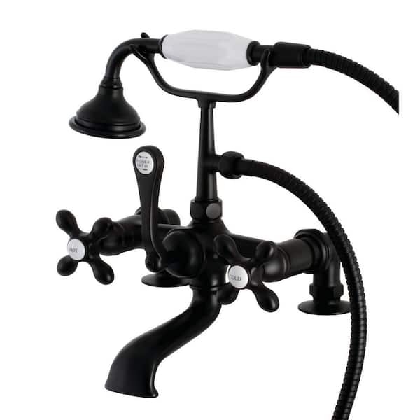Kingston Brass Aqua Vintage 3-Handle Deck-Mount Clawfoot Tub Faucets with Hand Shower in Matte Black