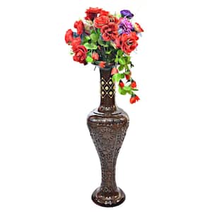 30 in. Antique Decorative Brown Hand Curved Mango Wood Floor Flower Vase with Unique Textured Pattern