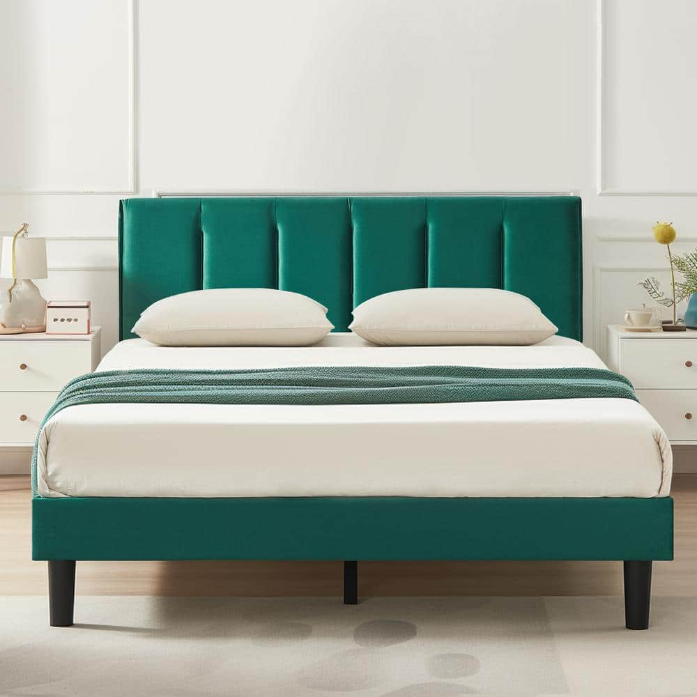 VECELO Upholstered Bedframe, Green Metal Frame Queen Platform Bed With ...