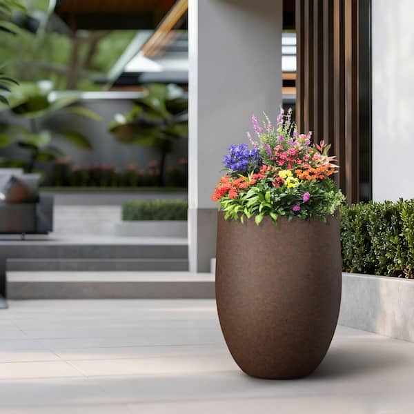 17 in. Large Earthy Brown (Enhanced Interior) Concrete Round Planter / Pot with Drainage Holes