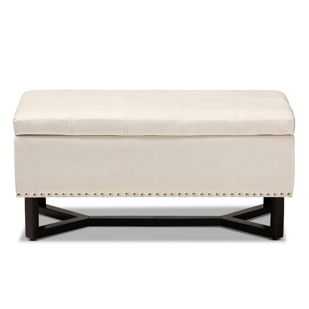 Esther Beige Velvet and Dark Brown Wood Tufted Storage Ottoman