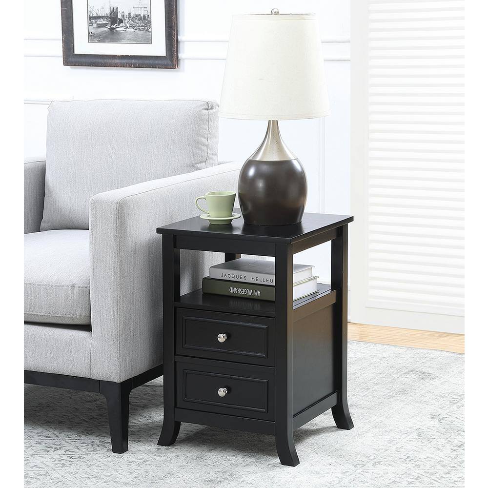 Black Wood End Table with Storage Drawers and Shelf