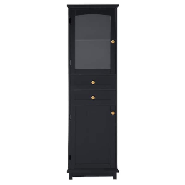 JimsMaison 17.76 in. W x 14.21 in. D x 62.99 in. H Black MDF Freestanding Linen Cabinet with 2-Drawers