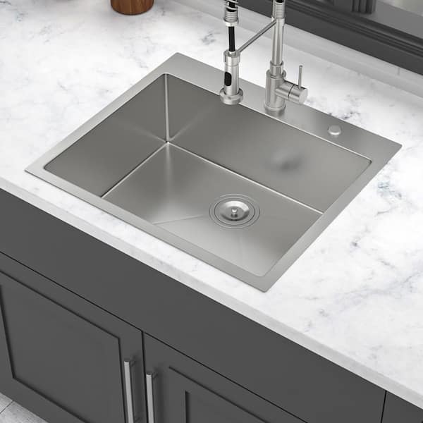 25 in. Drop-In Single Bowl 16-Gauge Brushed Nickel Stainless Steel Kitchen Sink with Drain Assembly