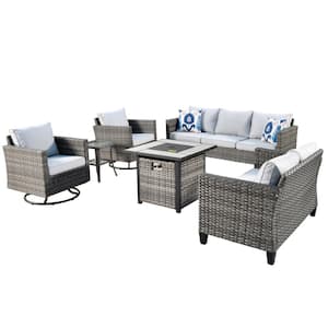 Jupiter 6-Piece Wicker Outdoor Patio Fire Pit Seating Sofa Set and with Gray Cushions and Swivel Rocking