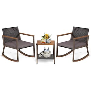 3 Piece Wicker Outdoor Bistro Set with Gray Cushion and Storage Shelf Patio