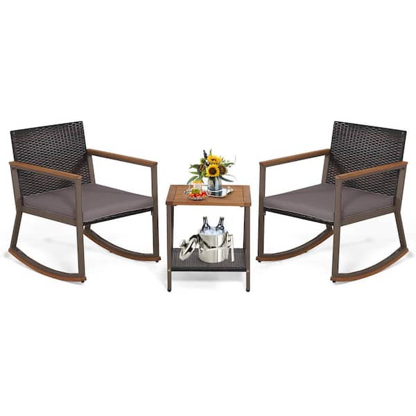Gymax 3 Piece Wicker Outdoor Bistro Set with Gray Cushion and Storage Shelf Patio