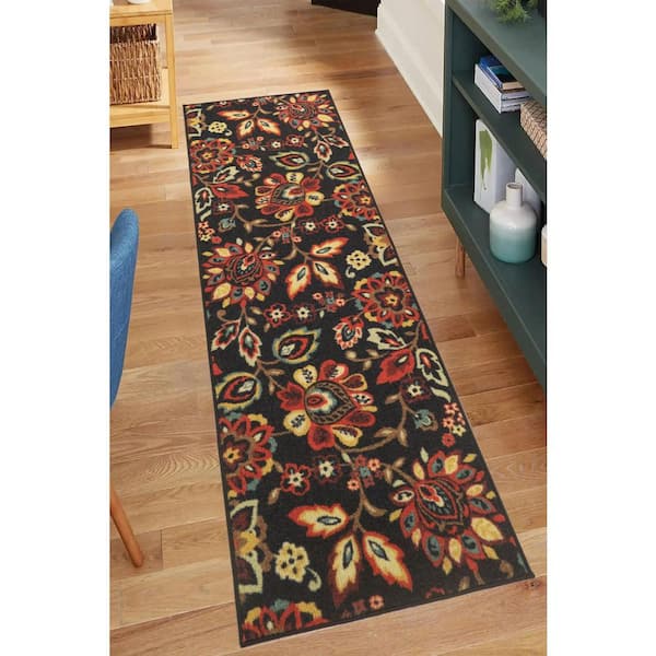 Berber Collection Flower Black Multicolor 26 in. W x 12 in. L Stair Runner 2.17 sq. ft.