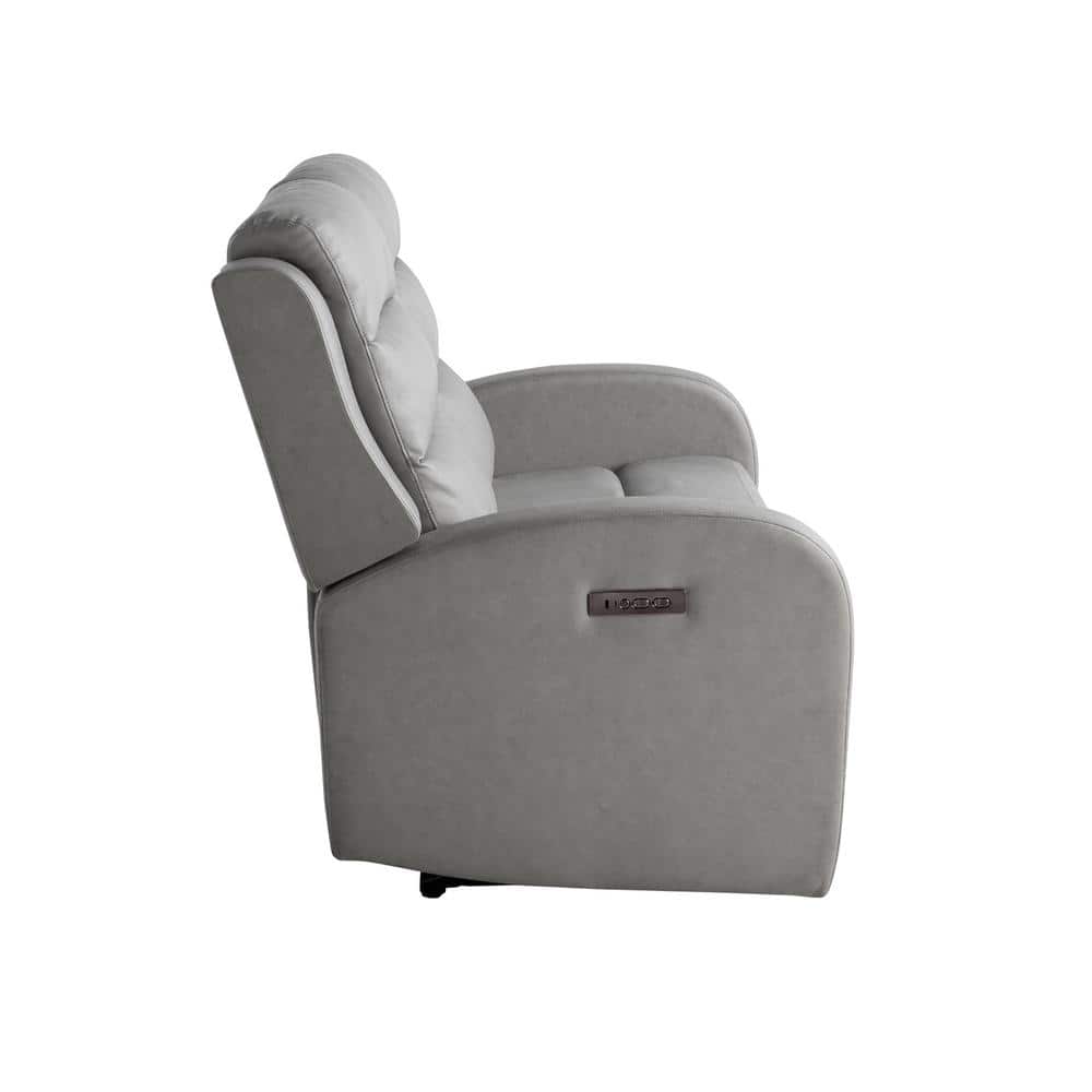 Gray Faux Leather Channel Tufted Reclining Loveseat with Acacia Wood