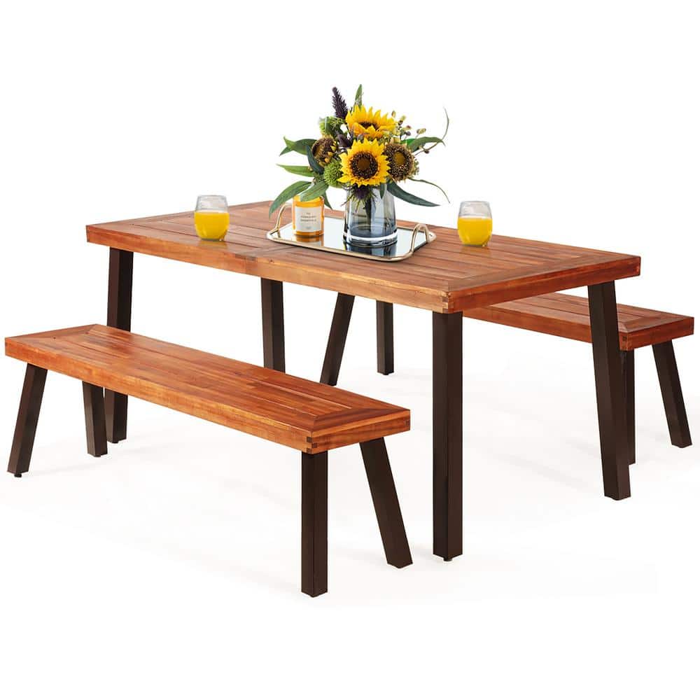 Acacia Wood and Steel 3-Piece Outdoor Picnic Table Set
