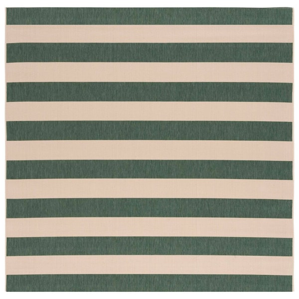 SAFAVIEH Courtyard Beige/Dark Green 7 ft. x 7 ft. Awning Stripe Indoor/Outdoor Square Area Rug