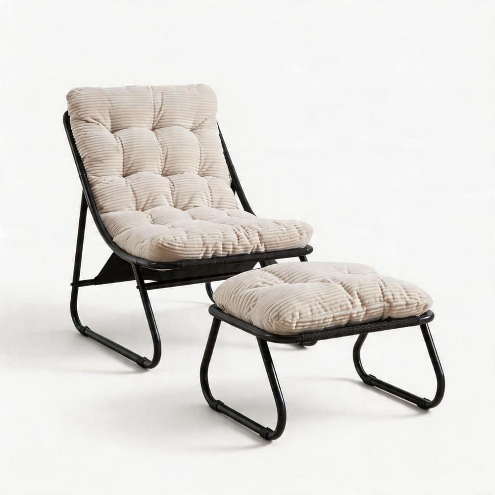 Black Frame with Puffy Cushion and Ottoman Sling Recliner Steel Outdoor Lounge Chair in White (Set of 1)