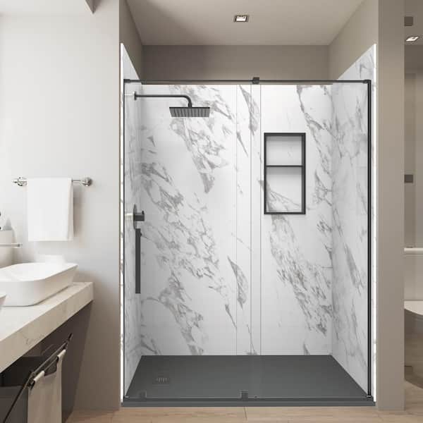 Carrara 36in. x 60 in. x 84 in. Solid Composite Stone Alcove Shower Combo Kit Matching Matte Black Door, Niche and Drain