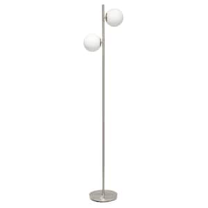 66 in. Brushed Nickel with White Shades Tall Mid Century Modern Standing Tree Floor Lamp with Dual Glass Globe Shade